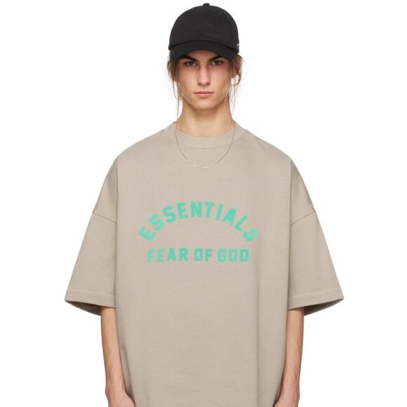 Fear of God Essentials Heavy Dark Heather Oatmeal/Teal Print T-Shirt FOG Bag - Picture 1 of 7